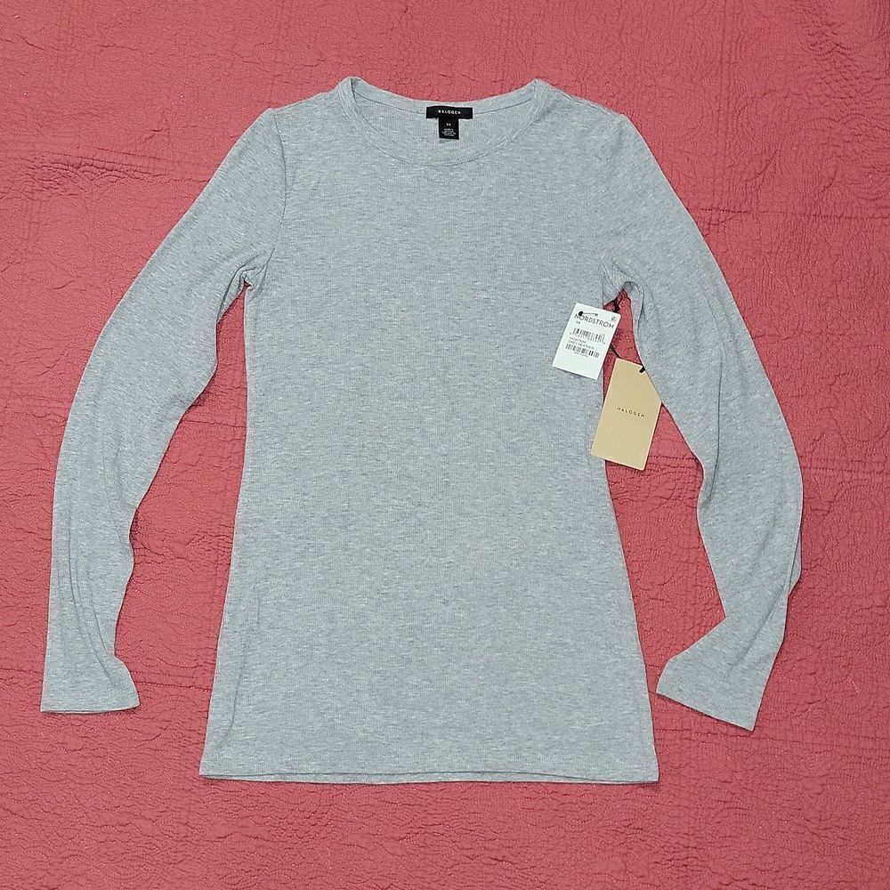 New Halogen Skivvy Fine Rib Crewneck Grey Heather Long Sleeve Knit Top Size XS - Picture 2 of 8